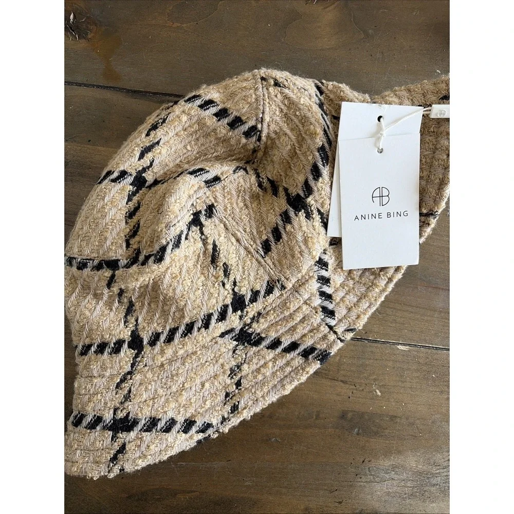 Anine Bing Cleo Bucket Hat Womens Size‎ M/L Tan Black Plaid Tweed Wool Blend